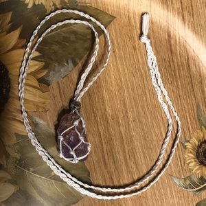 Raw amethyst necklace handmade macrame pouch crystal purple stone small white